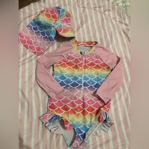 SHEIN Baby Girl Fish Scales Print One Piece Swimsuit & Hat, Size: 18-24 months